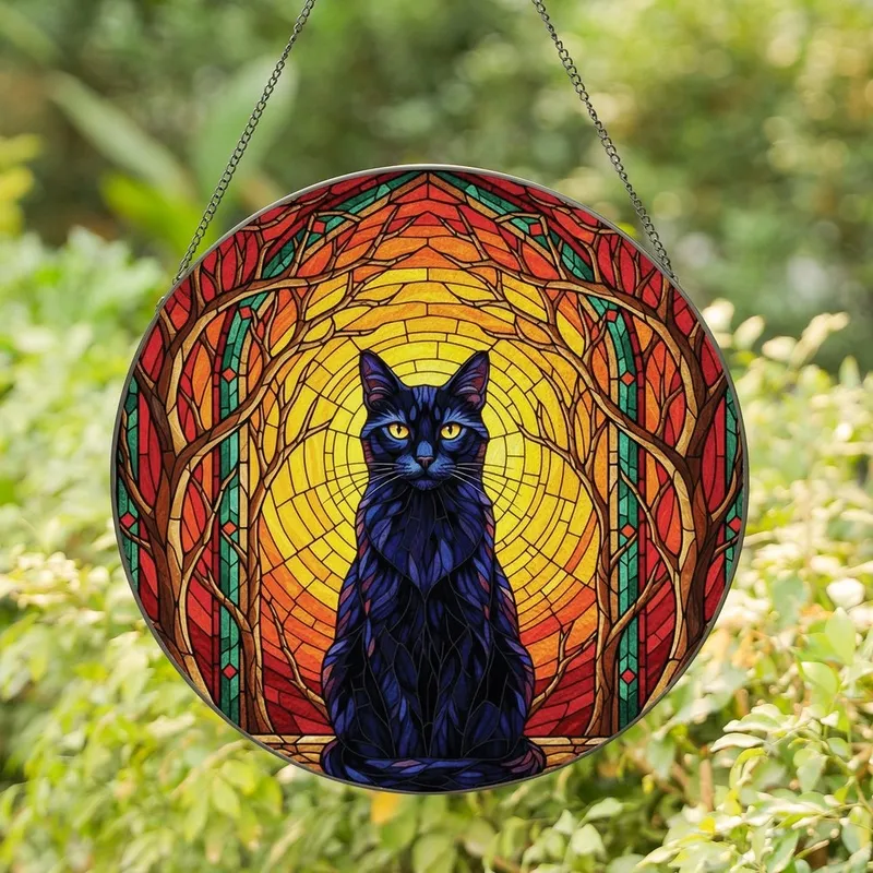 Cat Lovers' Majestic Black Cat Stained Glass Art Mosaic Fiery Sunset Sky Luminous Yellow Eyes Tree Branches Stained Glass Suncatcher - ApM7yyVhUM
