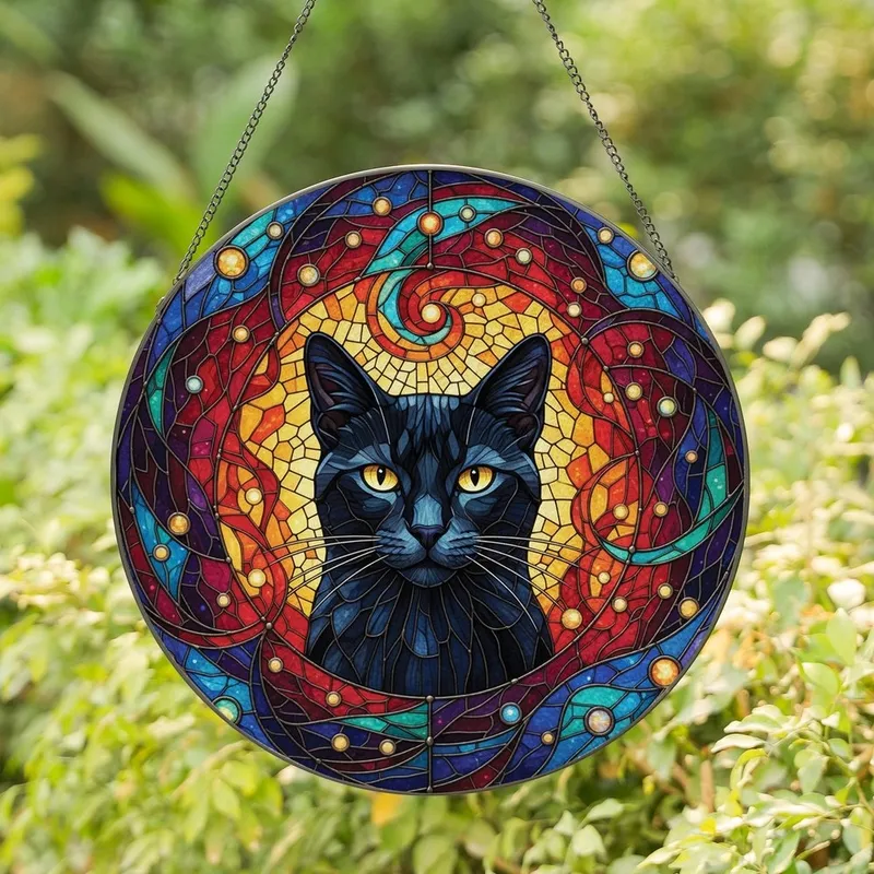 Cat Lovers' Tiffany Stained Glass Black Cat Piercing Golden Eyes Jewel Tone Mosaic Energy Pattern Stained Glass Suncatcher - 1