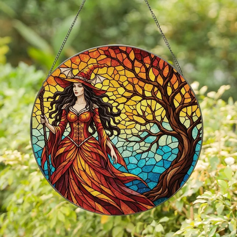 Fantasy Art Enthusiasts' Enchanting Witch Stained Glass Art Jewel Tone Orange Teal Mosaic Edge-to-Edge Stained Glass Suncatcher - 1