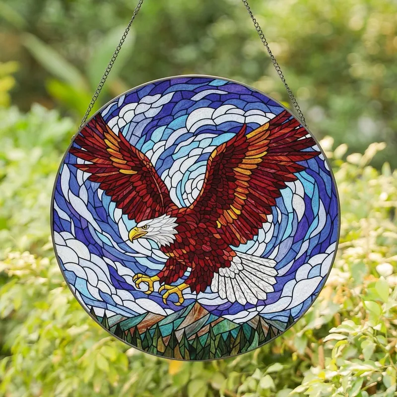 Art & Wildlife Lovers' Intricate Tiffany Glass Bald Eagle Descending Flight Mosaic, Jewel Tones Stained Glass Suncatcher - 1