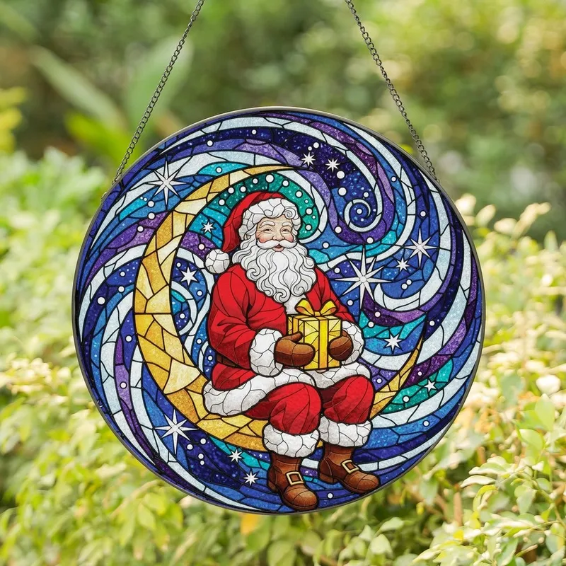 Holiday Enthusiasts' Intricate Stained Glass Santa Golden Moon Red Yellow Jewel Tone Celestial Mosaic Stained Glass Suncatcher - 1