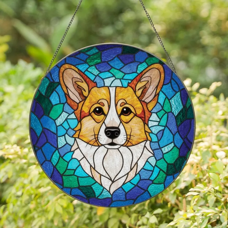 Corgi Lovers' Intricate Stained Glass Corgi Portrait Blue Teal Green Jewel Tone Mosaic Stained Glass Suncatcher - csTlGAeHZo