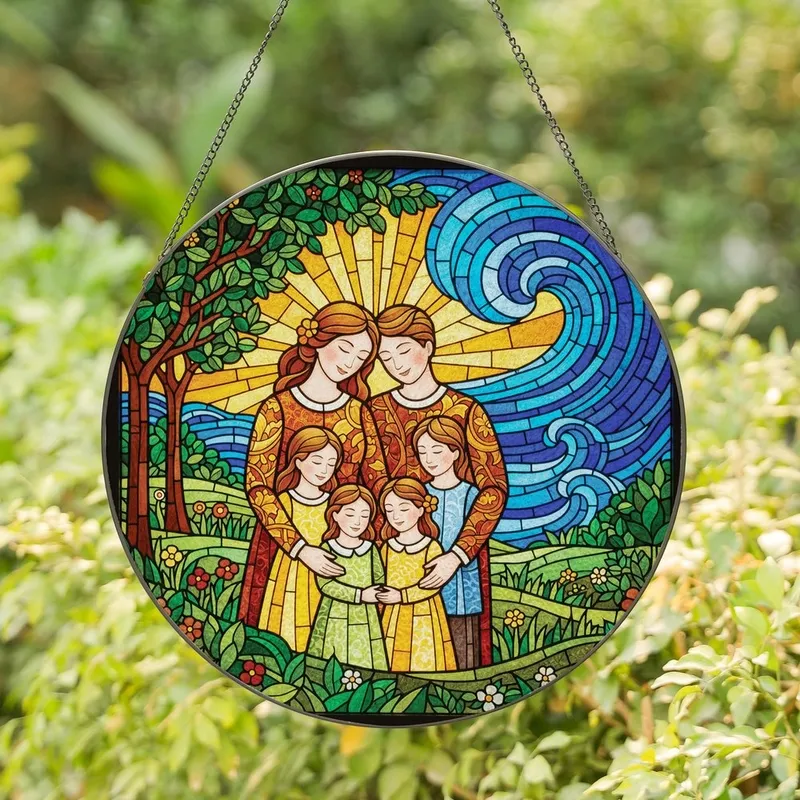 Family Art Lovers' Vibrant Stained Glass Family Embrace Intricate Mosaic Blue Green Orange Yellow Stained Glass Suncatcher - 1