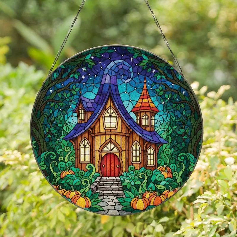 Fantasy Art Lovers' Tiffany Stained Glass Witch House Enchanted Forest Jewel Tone Autumn Glow Stained Glass Suncatcher - 1