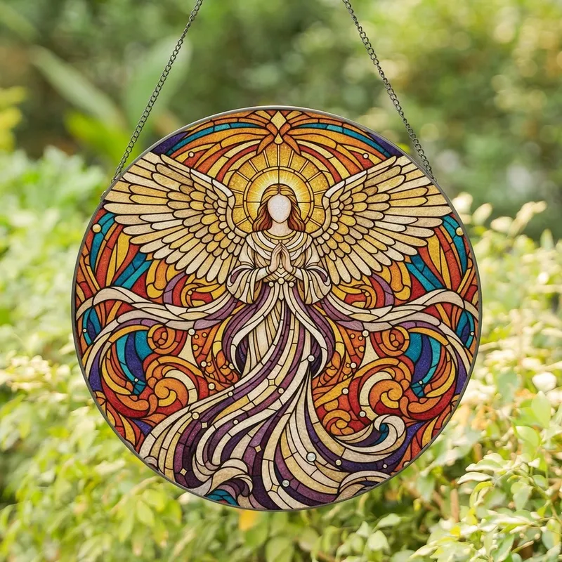 Spiritual Art Lovers' Majestic Tiffany Stained Glass Angel, Jewel Tone Gold Orange Teal Purple Heavenly Mosaic Stained Glass Suncatcher - 1