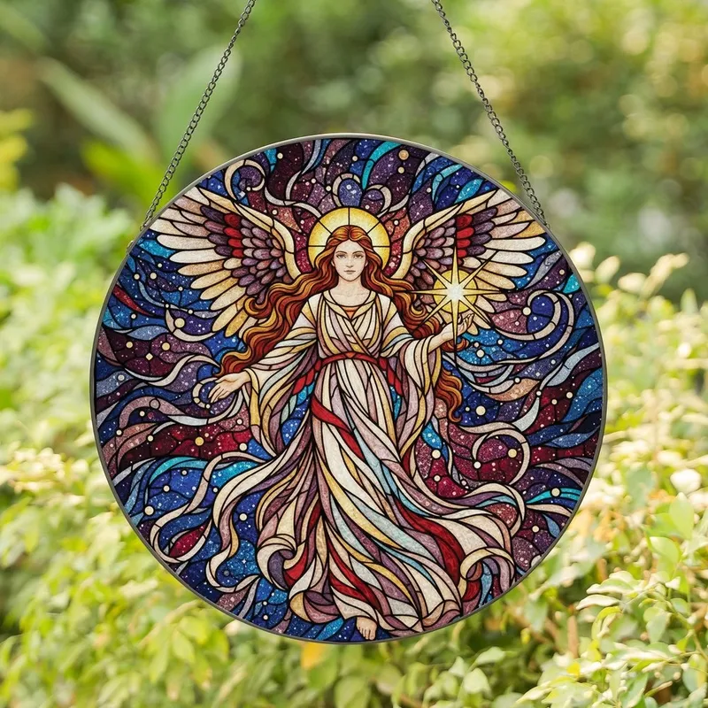 Art Lovers' Stained Glass Angel Cosmic Nebula Tiffany Style Golden Blue Red Teal Stained Glass Suncatcher - 1