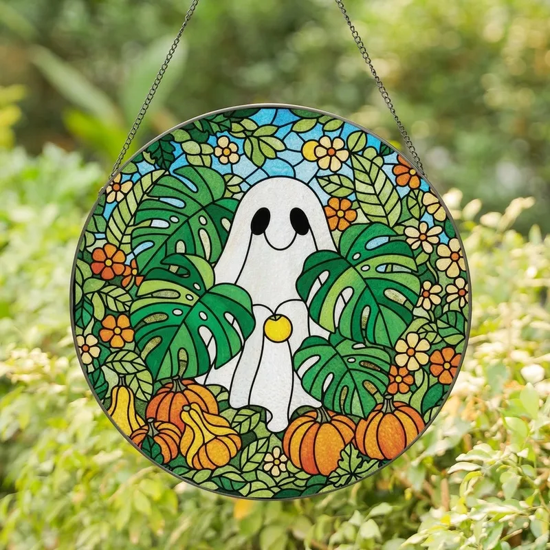 Autumn Art Lovers' Jewel Tone Stained Glass Friendly Ghost Monstera Garden Stained Glass Suncatcher - 1