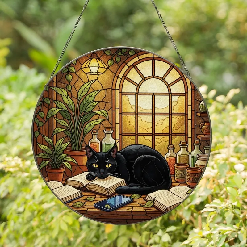 Cat & Book Lovers' Tiffany Stained Glass Black Cat Cozy Golden Window Mosaic, Jewel Tone Interior Stained Glass Suncatcher - 1