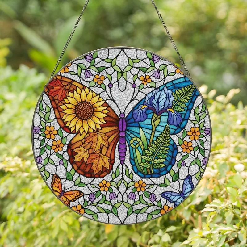 Art Lovers' Tiffany Stained Glass Butterfly Botanical Mosaic Jewel Tones Design Stained Glass Suncatcher - 1