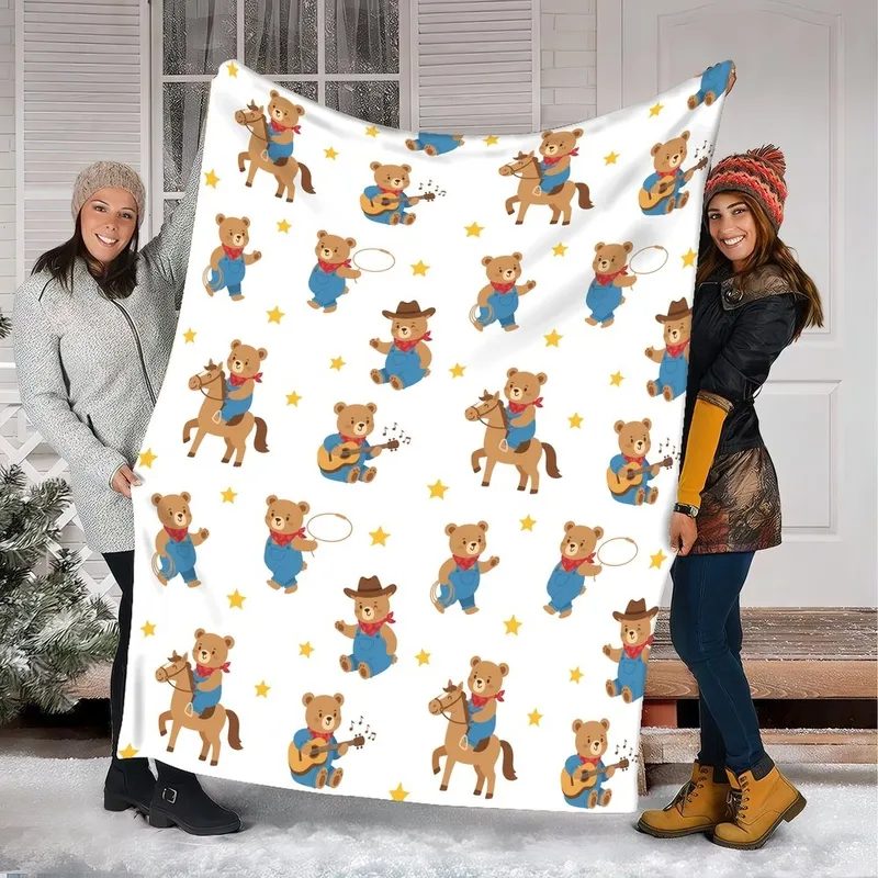 Whimsical Cartoon Cowboy Bear Pattern: Brown Bears, Blue Overalls, Red Bandanas, Yellow Stars Quilt Bedding Set - 1