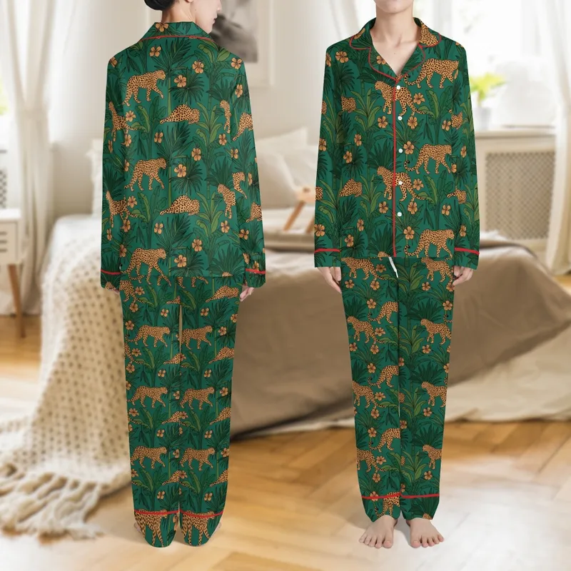 Women's Leopard Animal Print Relaxed Style - Teal Green Jungle Saffron Hibiscus Tropical Satin Pajamas Set - 1