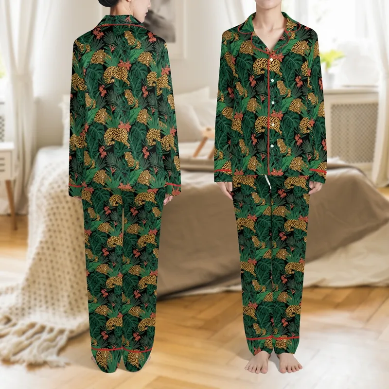 Elegant Women's Satin Shorts & Short Sleeve Loungewear Set, Midnight Leopard Jungle & Emerald Tropical Print Satin Pajamas Set - 1