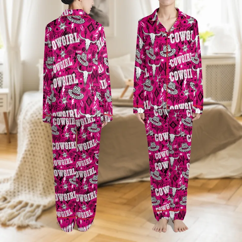 Women's Hot Pink Grunge Cowgirl Sleep Set: Short Sleeve Top, Leopard Hats & Bull Skulls Satin Pajamas Set - 1