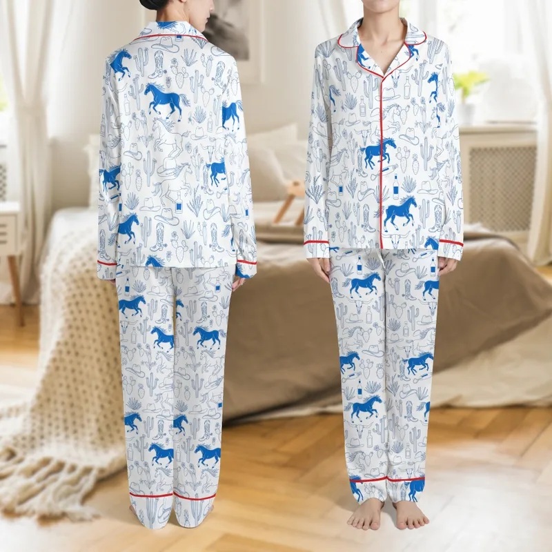 Women's Whimsical Blue Western Horse, Boot, Cactus Pattern Short Sleeve Shorts Pajamas Set Satin Pajamas Set - 1