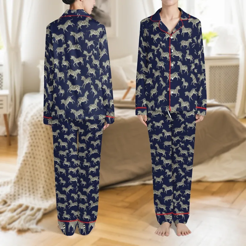 Women's Hand-Drawn Zebra Print Short Sleeve Lapel Collar Pajama Set: Cream & Black Stripes Navy Satin Pajamas Set - 1