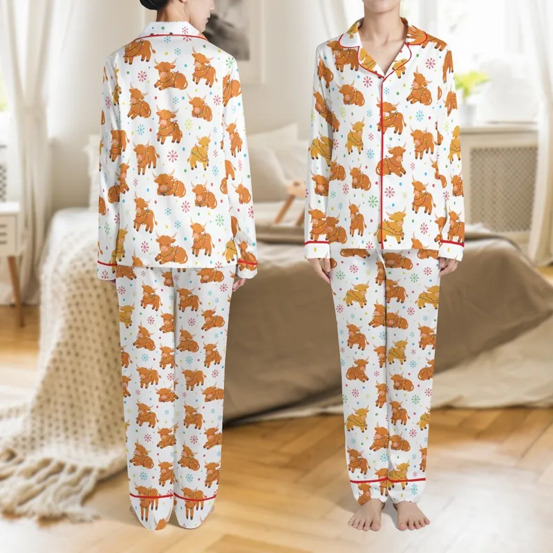 Highland Cow Christmas Pajamas: Fluffy Calves & Multicolored Lights All-Over Print Set Satin Pajamas Set - 1