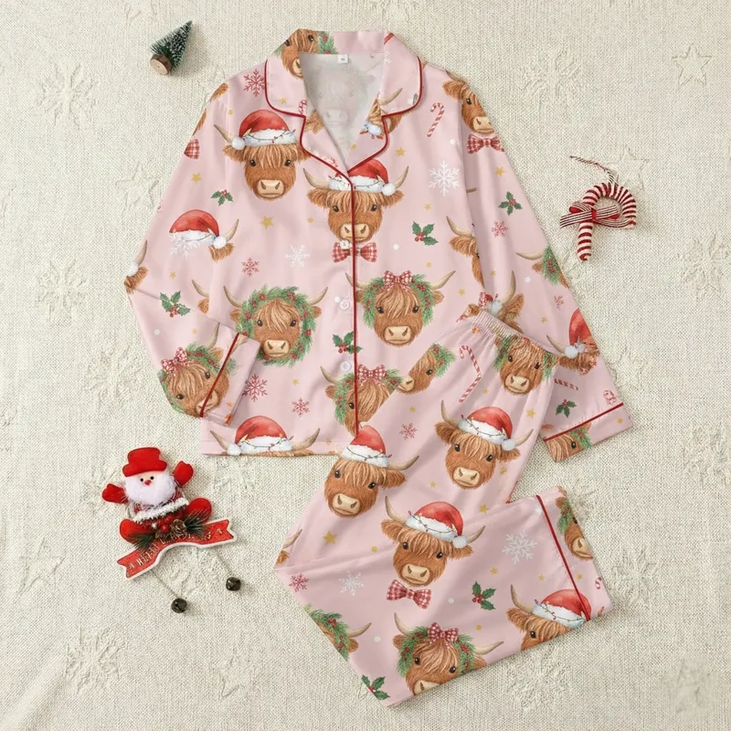 Coquette Christmas Highland Cow Watercolor Pattern with Santa Hats & Plaid Bows Festive Pink Aesthetic Sleep Set Satin Pajamas Set - 1