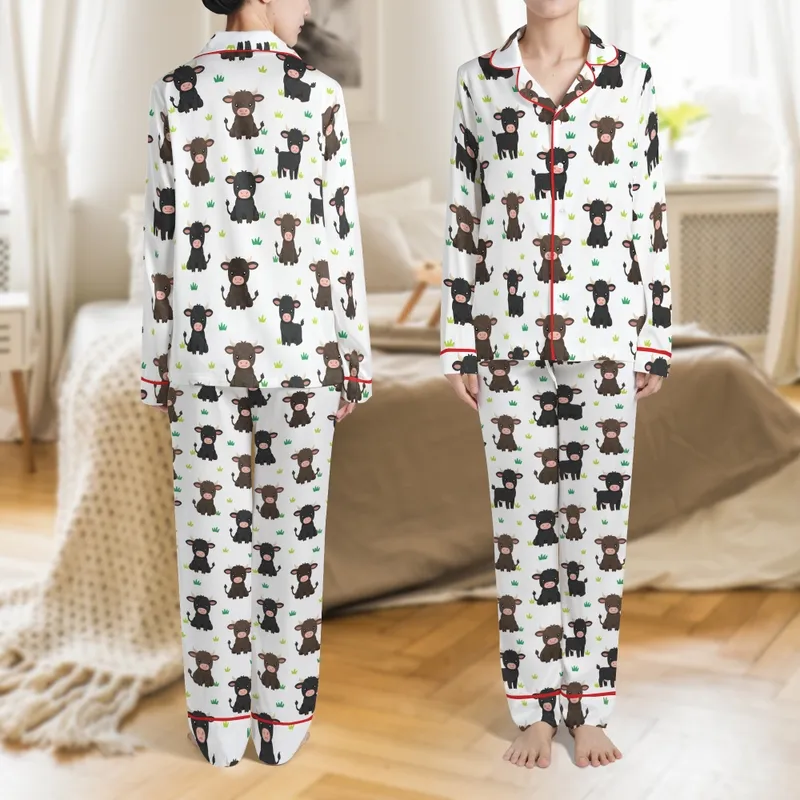 Highland Cattle Fan's Cute Calf Meadow Satin Sleep Set Satin Pajamas Set - 1