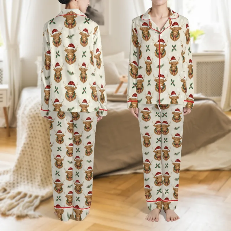 Highland Cow Lover's Winter Loungewear: Festive Santa Hat Animal Print Comfort Top Satin Pajamas Set - 1