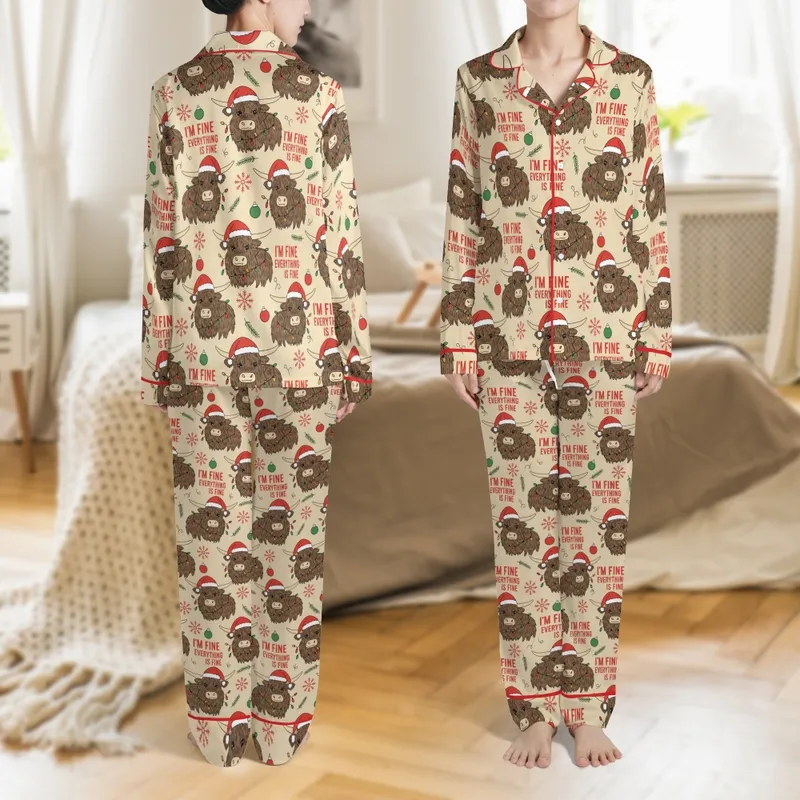 Festive Cow Lover's Lounge: Humorous 'I'm Fine' Highland Cow & Christmas Lights Sleepwear Satin Pajamas Set - 1