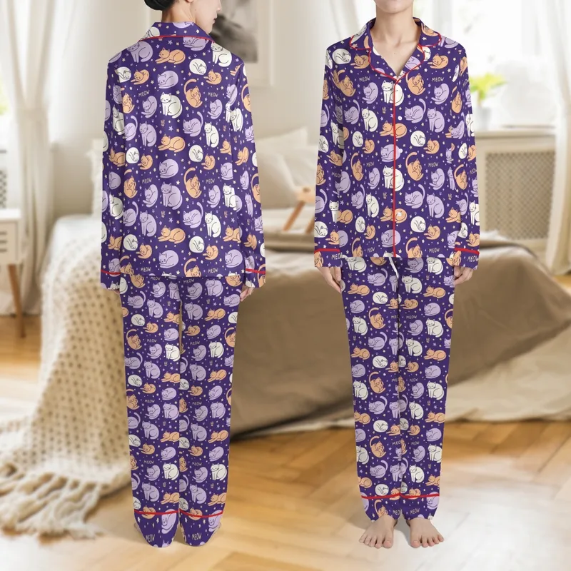 Family Matching Cat Lovers: Whimsical Deep Purple Cartoon Cat Pattern with Stars & Paws Cozy Pajama Set Satin Pajamas Set - 1