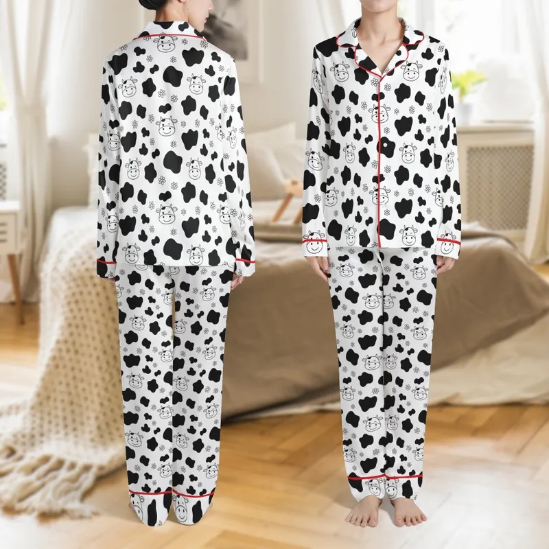 Women's Playful Black & White Cow Print, Daisy & Cartoon Cow Face All-Over Lounge Sleepwear Satin Pajamas Set - 1