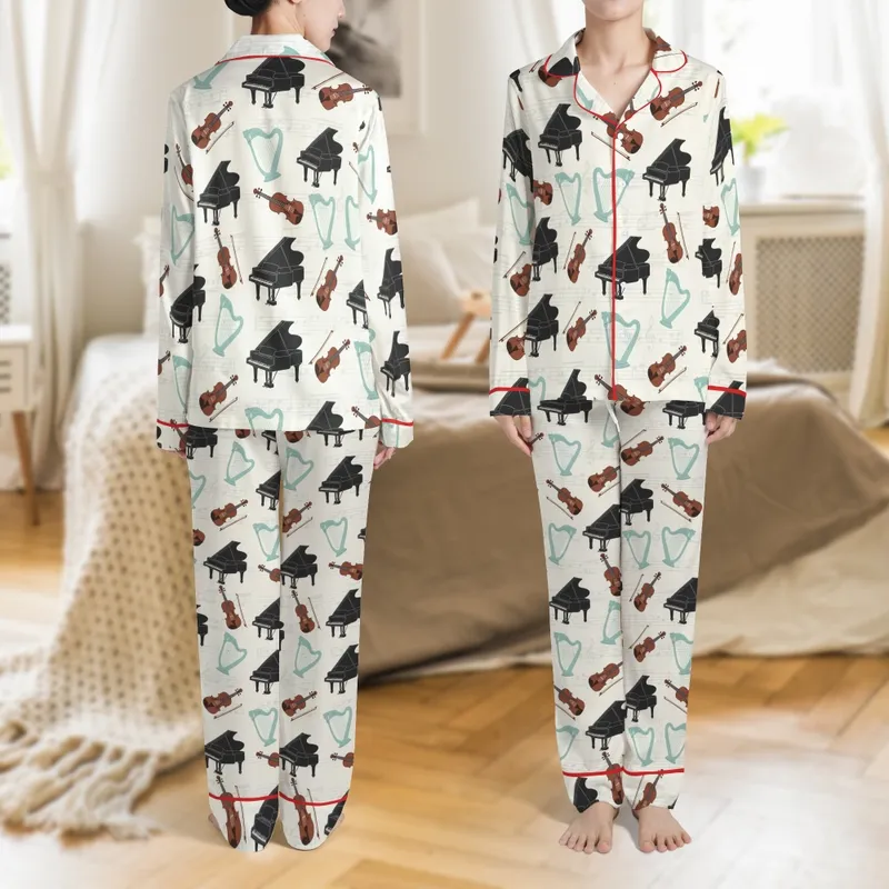 Music Lover's Whimsical Black Grand Piano Brown Violin Teal Harp Musical Notes Design Satin Pajamas Set - 1