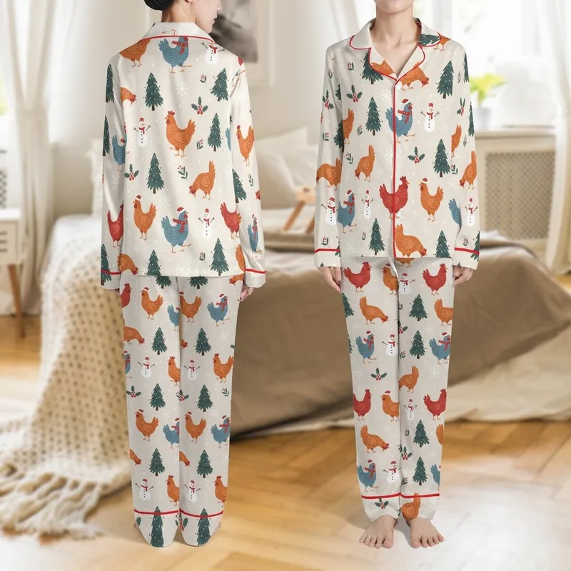Christmas Family Matching: Whimsical Chicken Santa Hat & Holly Pattern Soft Stretch Sleep Set Satin Pajamas Set - 1