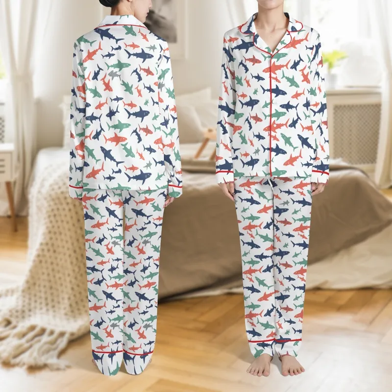 Shark Aficionados' Muted Teal Slate Blue Coral Red Flat Graphic Shark Species Pattern Satin Pajamas Set - 1