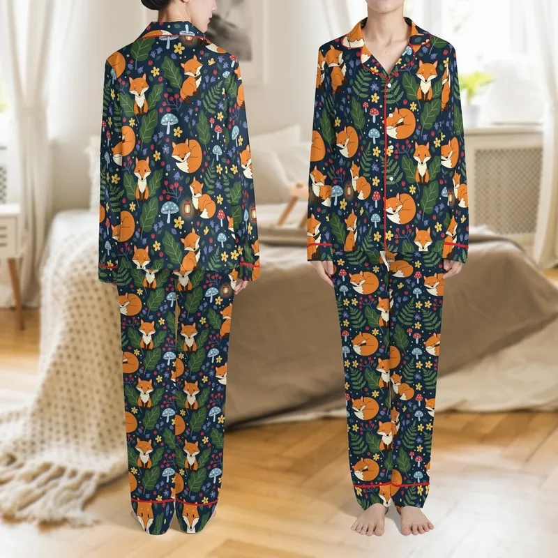 Personalized Fox Pajamas: Whimsical Woodland Animal Print - Kids & Adult Sleep Set Satin Pajamas Set - 1