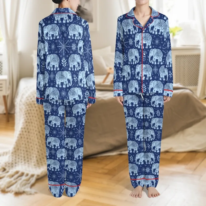 Women's Comfy Elephant Pajamas: Folk Art Indigo Celestial Sky Blue Print Satin Pajamas Set - 1