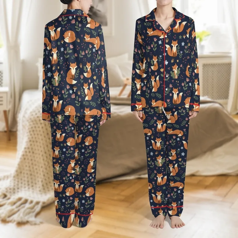 Women's & Kids' Whimsical Woodland Fox Pattern Folksy Forest Pajamas Set Satin Pajamas Set - 1