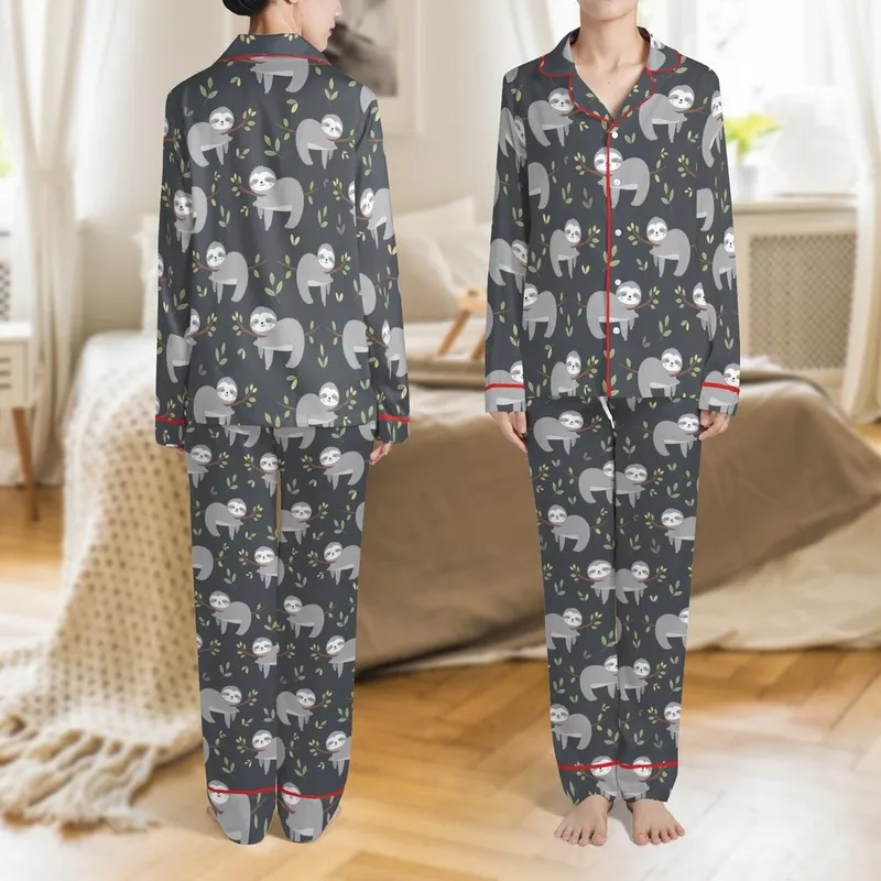 Sloth Lover's Whimsical Illustrative Sloth Pattern Low Top Canvas Shoes Satin Pajamas Set - 1