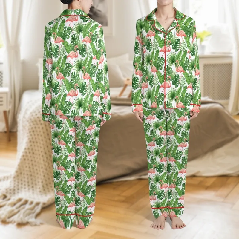 Women's Flamingo Pajamas: Pink Tropical Watercolor & Lush Leaf Sleep Set Satin Pajamas Set - L5Q_L0HAWW