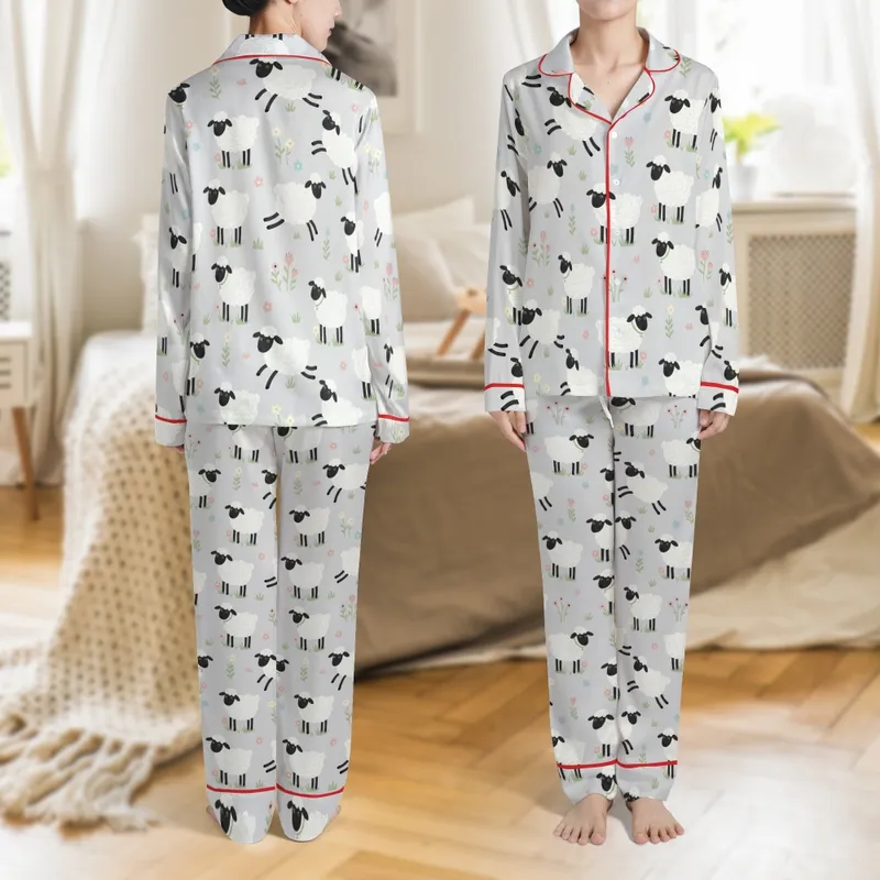 Sheep Lover Pajamas: Cheerful Fluffy Sheep & Pastel Wildflowers Sleep Set Satin Pajamas Set - 1