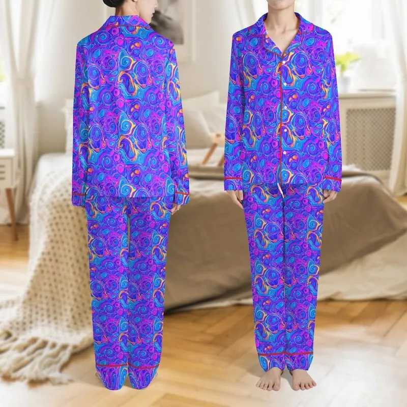 Women's Psychedelic Low Top Canvas Shoes: Vibrant Cobalt Violet Fuchsia Fluid Art Design Satin Pajamas Set - 1