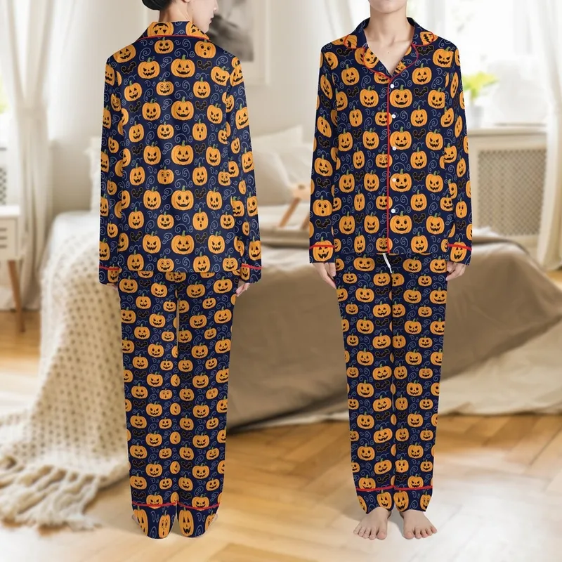 Halloween Lover's Cartoon Jack-o'-Lantern & Bat Pattern Deep Navy Sleep Set Satin Pajamas Set - 1