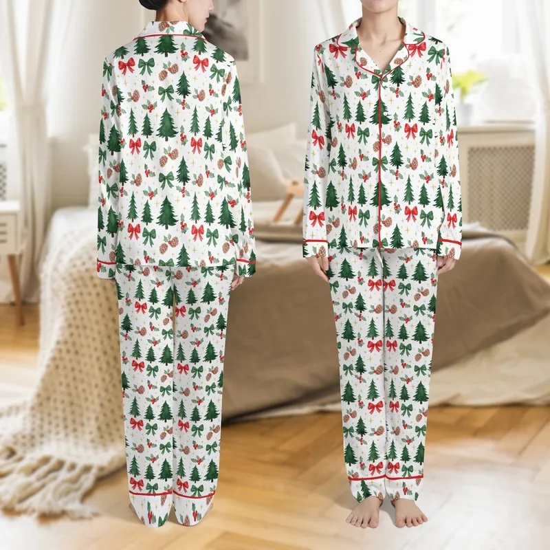 Women's Watercolor Pine Tree, Red Bows & Holly Berry Holiday Pajamas Set Satin Pajamas Set - 1