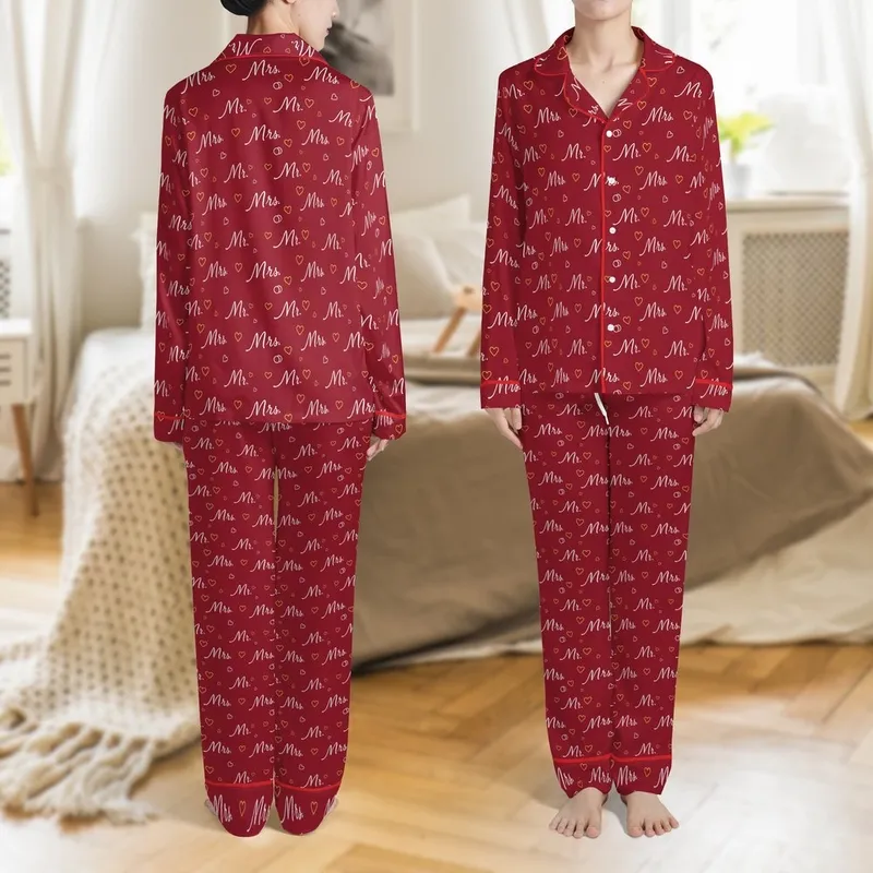 Couple's & Bridal Party Satin Pajamas: Crimson Mr. & Mrs. Hearts Wedding Ring Design Satin Pajamas Set - 1