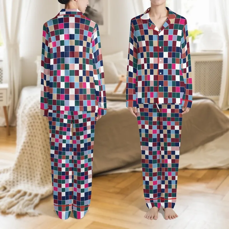 Women's Personalized Short Sleeve Long Pants Silky Pajamas Set: Abstract Geometric Panels Design Satin Pajamas Set - 1