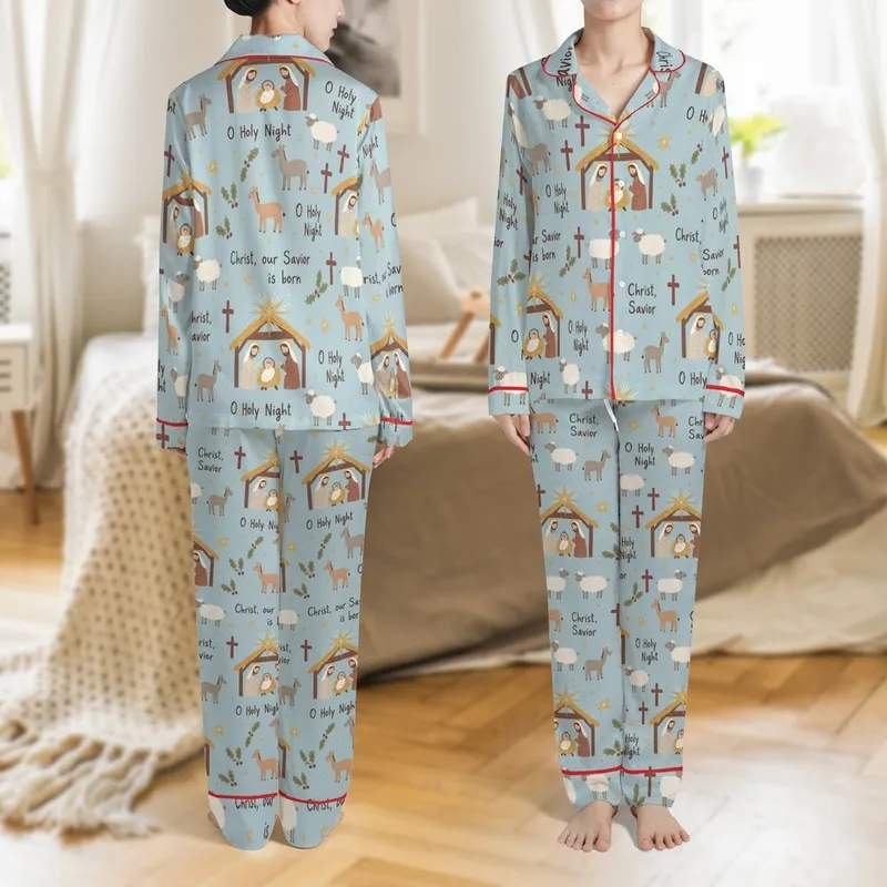 Family Christmas: Oh Holy Night Nativity Scene, Baby Jesus & Holy Family Folk Art Pattern – Soft Knit Polyester Spandex Sleep Set Satin Pajamas Set - 1