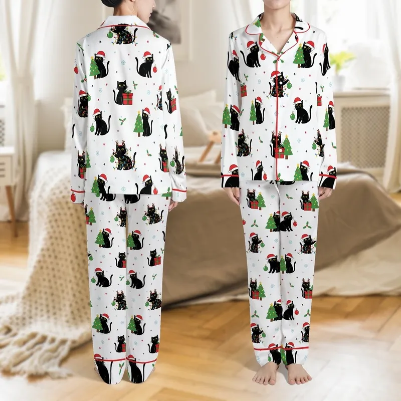 Women's Whimsical Black Cat Christmas Sleep Set: Santa Hat & Lights Polyester Spandex Loungewear Satin Pajamas Set - 1