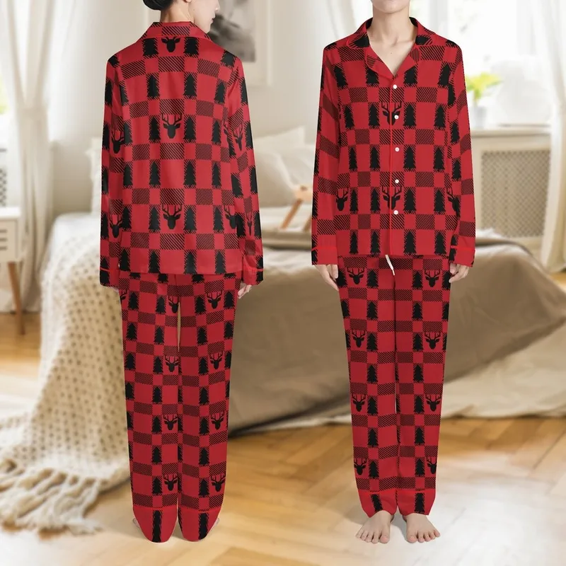 Family Matching Holiday Pajamas: Rustic Red & Black Buffalo Plaid Deer Tree Pattern Satin Pajamas Set - 1