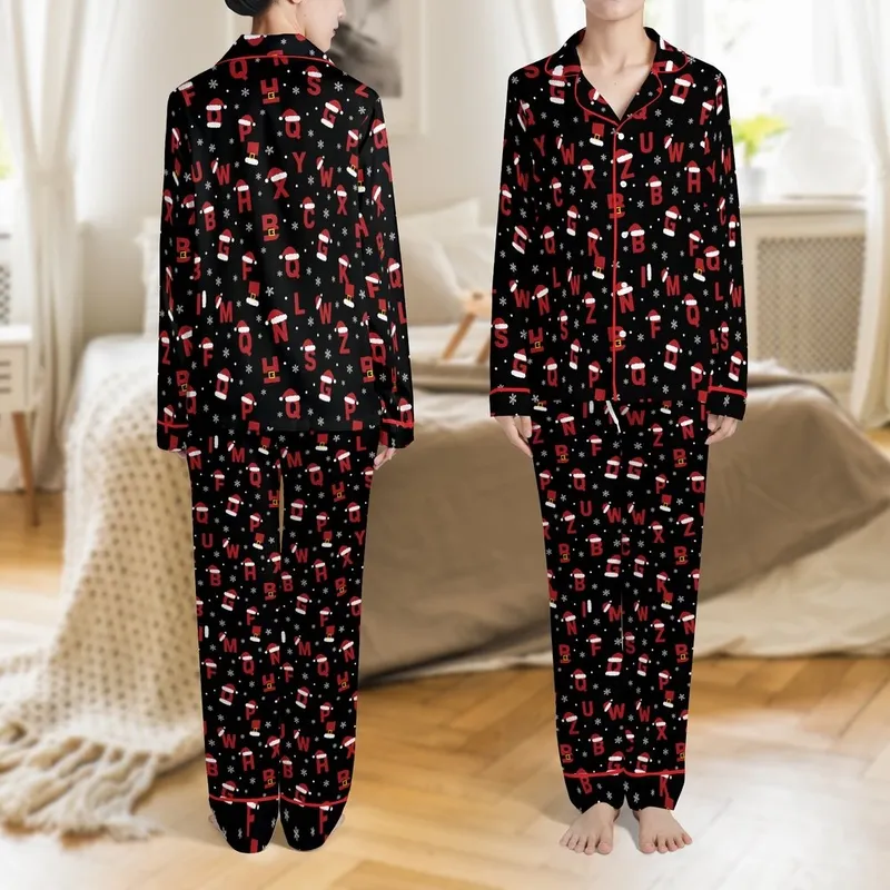 Personalized Family Christmas: Santa Initial Raglan & Buffalo Plaid Matching Loungewear Set Satin Pajamas Set - 1