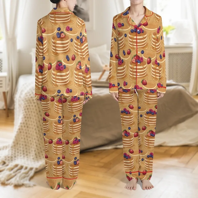 Pancake Day Slumber Set: Golden Pancake Stacks & Fresh Berry Drizzle Pattern Pajamas Satin Pajamas Set - 1