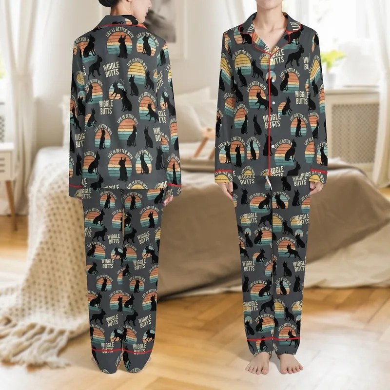 Boston Terrier Mom Pajamas: Vintage Wiggle Butt Graphic with Black Dog Silhouettes & Muted Striped Sun Art Satin Pajamas Set - 1