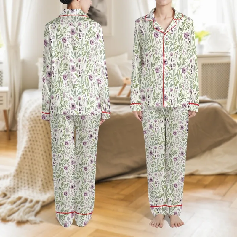 Women's Lavender Plum Floral Watercolor Pajamas Pattern for Woven Fabric, Intermediate Satin Pajamas Set - 1