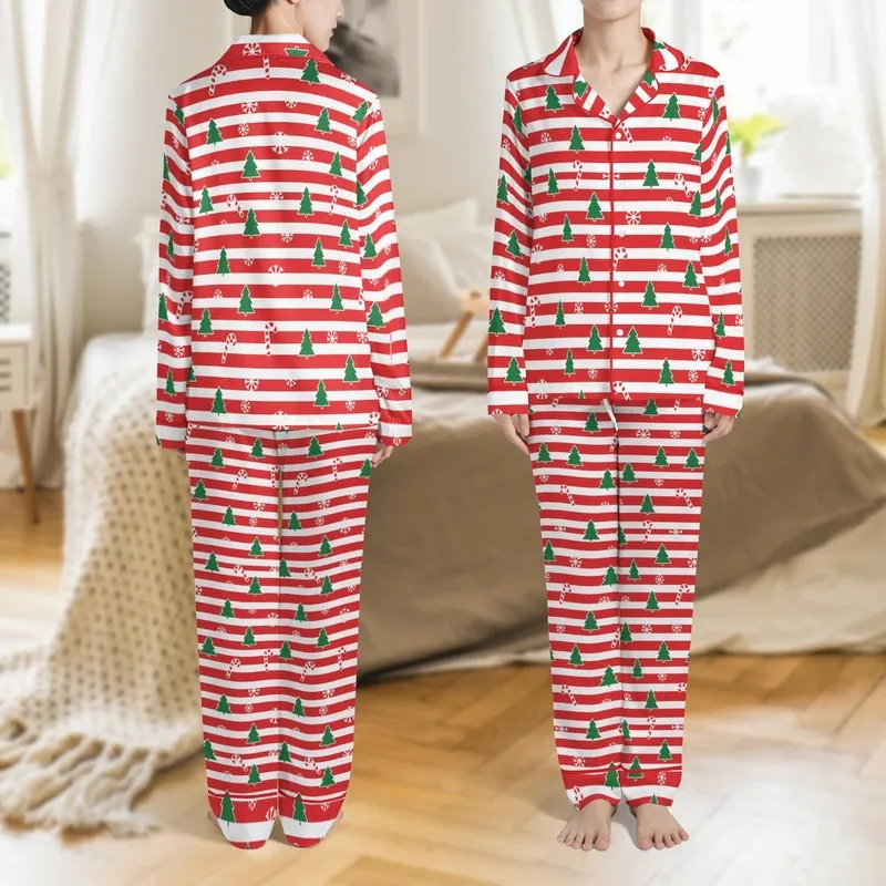 Custom Name Family Christmas Pajamas: Red & Green Striped Snowflake Candy Cane Tree Print - 100% Cotton Sleep Set Satin Pajamas Set - 1