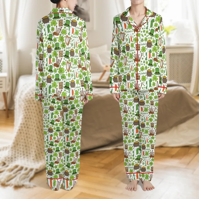 Irish Heritage Pajama Bottoms: Shamrocks, Leprechauns & Castles Pattern - Polyester Knit Lounge Comfort Pants Satin Pajamas Set - 1