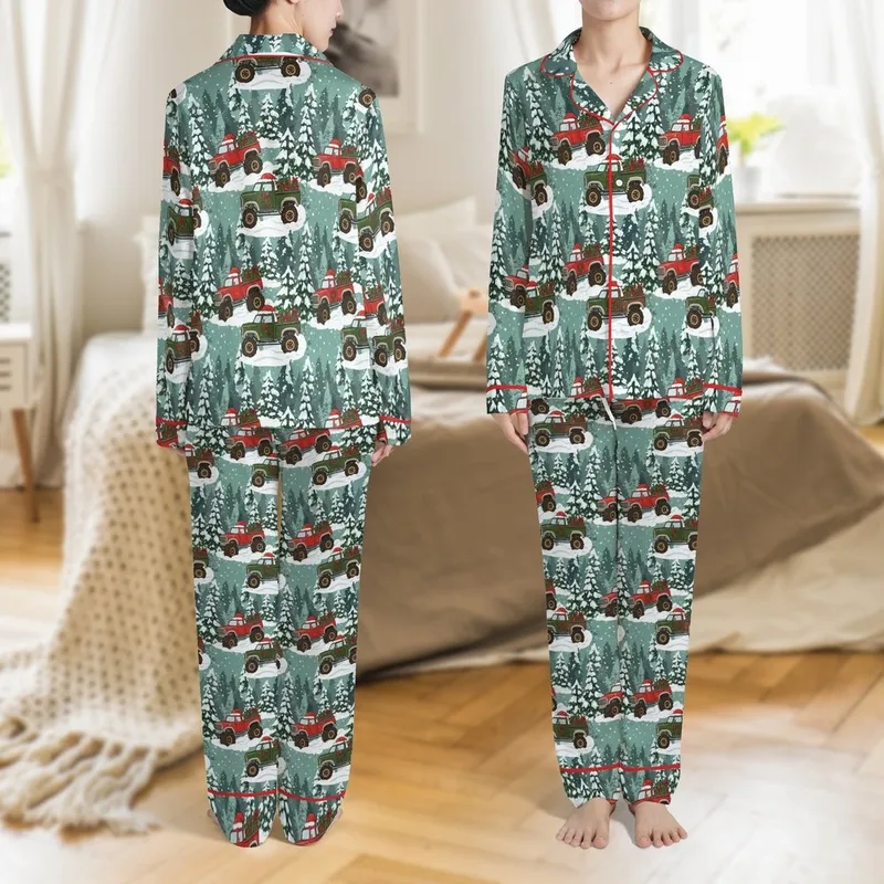 Boys Christmas Pajamas: Festive Monster Truck Snowy Forest Pattern - Family Holiday Sleep Set Satin Pajamas Set - 1